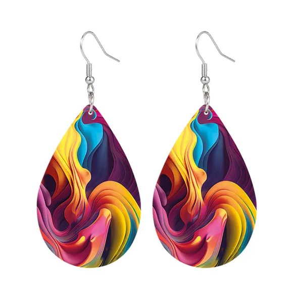 Colorful Streamer Print Teardrop Dangle Earrings Bohemian Style PU Leather - Picture 4 of 4
